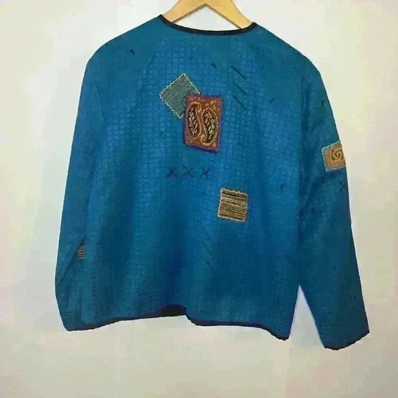 Vintage Allure Dress Jacket Womens Med Blue‎ Patchwork Boho Art To Wear Blazer - Picture 10 of 11